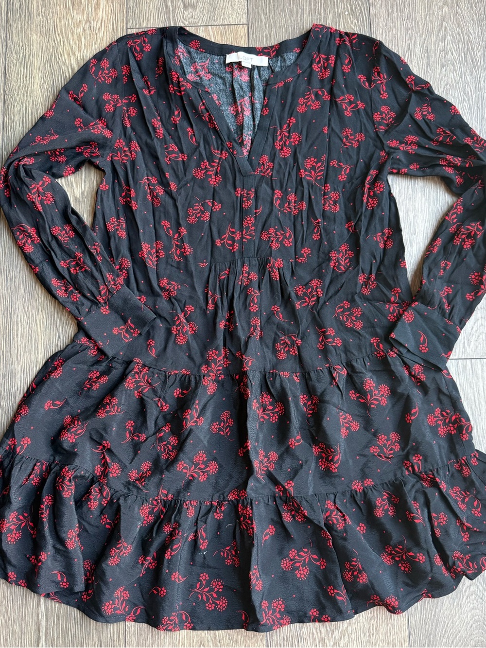 LOFT Black Long-Sleeve Tiered Dress with Red Floral Print